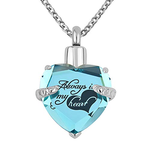 Q&Locket Heart Crystal Urn Necklaces for Ashes Stainless Steel Memorial Keepsake Cremation Jewelry (Always in My Heart Light Blue)