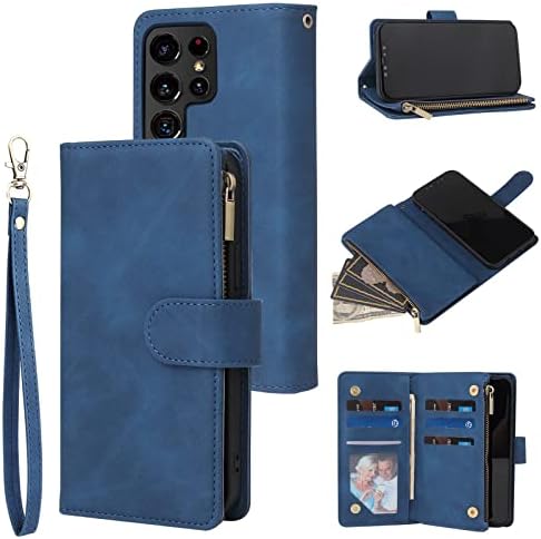QLTYPRI Case for Samsung Galaxy S22 Ultra, Large Capacity Leather Wallet Case 6 Card Holder & 1 Zipper Pocket Kickstand Wrist Strap Magnetic Protective Cover for Samsung Galaxy S22 Ultra - Red