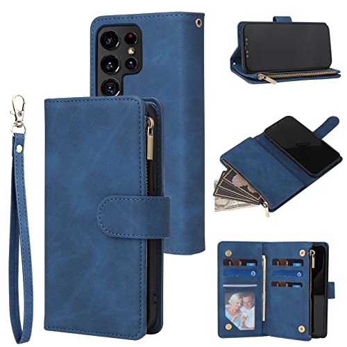 Flip case Samsung S22 Ultra en cuir PU rétro bleu finition premium