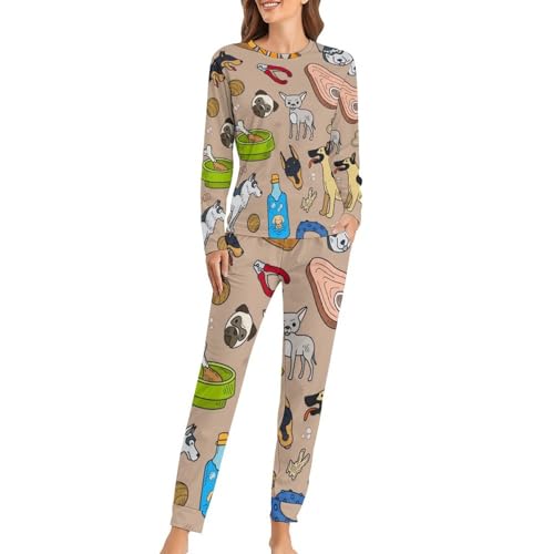 Pyjama Femme Chien Dessin Animé Ensemble Sleepwear Manches Longues Pantalon de Nuit