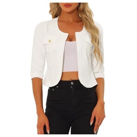 Allegra K Denim Jacket for Women's Collarless Cardigan 3/4 Sleeve Crop Jean Jackets Small White