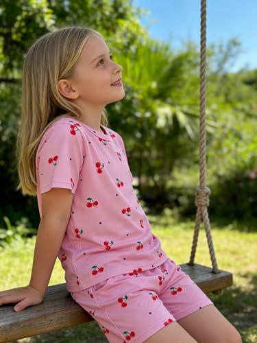 Image of KIDLAGA Girls Two Piece Sets Cherry Pattern Short Sleeve Shirts and Shorts Set With Pockets Girls Summer Outfits Size 7-14