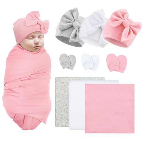 Image of AQOKKA Baby Swaddle Blankets with Bow Hat Mittens Set Infant Receiving Blankets Swaddles for Newborns Unisex Toddler Swaddle Wrap Sets for Baby Girls Boys Nursery Warm Shower Gift