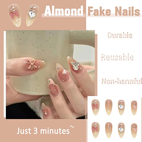 Imsohot Medium Stiletto Press On Nails Almond Glossy Fake Nails Nude 3D Diamond False Nails With Designs Acrylic Glue On Nails For Women And Girls #TOP4