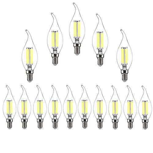 ZYUJIA 15 Packs 6W E14 LED Candle Bulb(Equivalent to 60W)600LM Not-Dimmable C35 LED Filament Light Bulb,6500K Cool White Vintage Filament Energy Saving Candelabra Lamp,360 Beam Angle