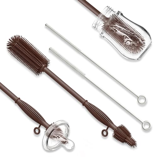 Image of Wqzlyg Silicone Baby Bottle Brush and Straw Cleaner Brush Set, All-Round Cleaning Long Water Bottle Brushes, Reusable Silicone Cleaning Brush and Dish Brush, Hangable Cup Brush (Brown+Rock White)