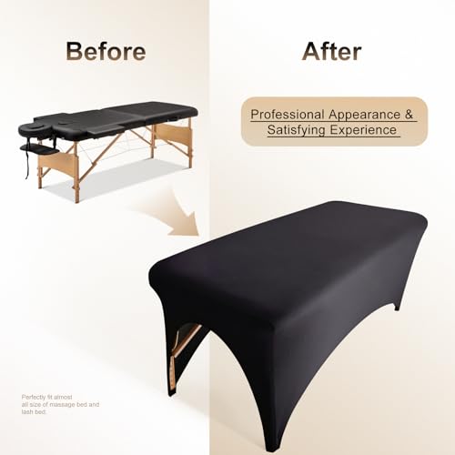 Image of 2-Piece Spa Bed Cover Professional Lash Bed Cover Stretchy Massage Table Cover Beauty Bed Protective Topper, Excellent for Lash Extension, Spa, Massage, Beauty Salon, Wax, Tattoo (Black)