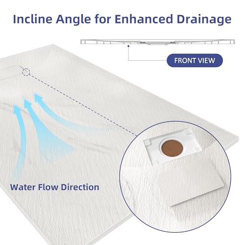 Fineyou Shower Base 60\"x 36\", Zero Threshold Shower Pan Base with Left or Right Drain, Rectangular Non-Slip Shower Base, Include SMC Drain Cover, Carrara White