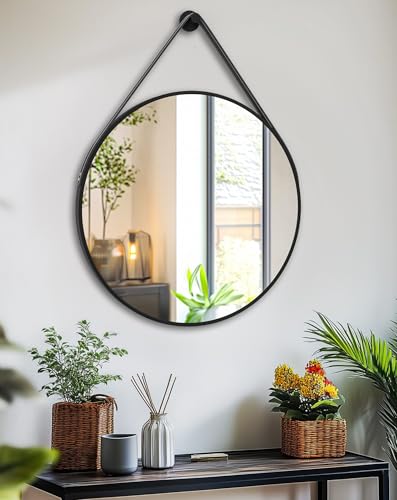 Artloge Hanging Wall Mirror with Strap Round Bathroom Vanity 24in Black Frame