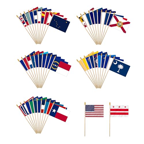 52 Pack Small US 50 State Flags Set Handheld Stick Mini Flag 4x6 Inch On Wooden Stick For Patriotic Festival Events Party Decoration (USA + 50 States + DC, 4X6 In)