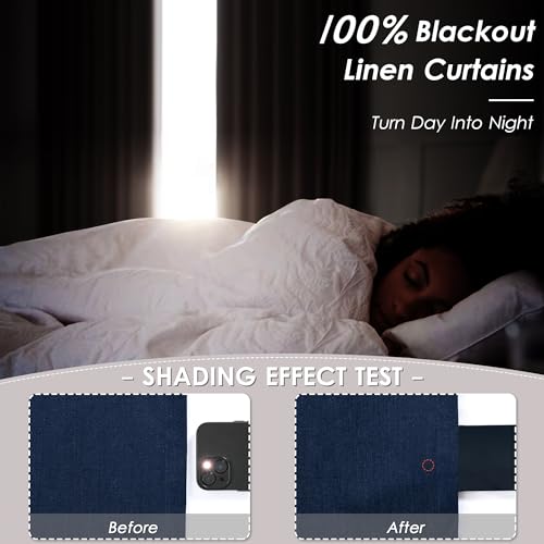 Image of Navy Blue 100% Blackout Linen Curtains for Bedroom 126 Inches Long Back Tab Thermal Insulated Modern Luxury Nautical Black Out Curtain for Living Room Floor to Ceiling High Window 52x126,2 Panels