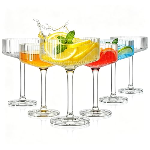 Bohiimia Plastic Coupe Glasses Set of 6, 10oz Ribbed Martini Glasses, Unique Cocktail Glass for Espresso Martini, Whiskey, Margarita, Home Bar, Parties, Weddings & Gift