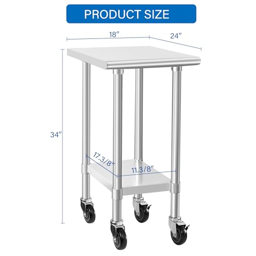 Image of HARDURA Stainless Steel Commercial Table Prep & Work Table with Casters Heavy Duty Metal Table with Wheels NSF 430 24x18 Inches