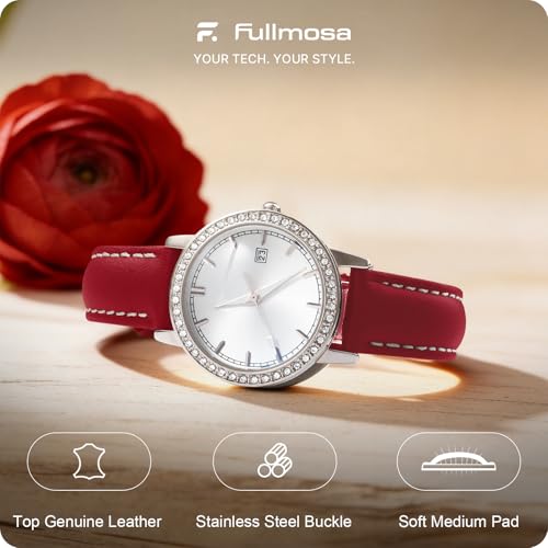 Image of Fullmosa 22mm Quick Release Leather Watch Band for Garmin Samsung Galaxy | Strap for Garmin Vivoactive 4 45mm,Garmin Venu 4(45mm) /Venu 3 /Venu 2,Samsung Galaxy Women Men, Red&Silver Buckle