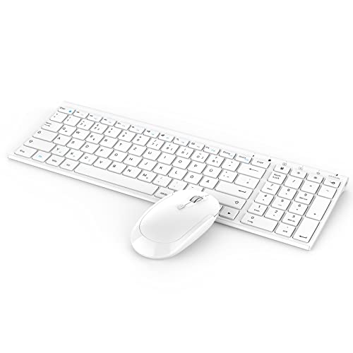 Teclado inalámbrico con ratón para Windows, 2.4 G inalámbrico Ultraslim Mini teclado y ratón USB recargable para PC/Portátil/Smart TV, QWERTZ diseño alemán, color blanco Cover