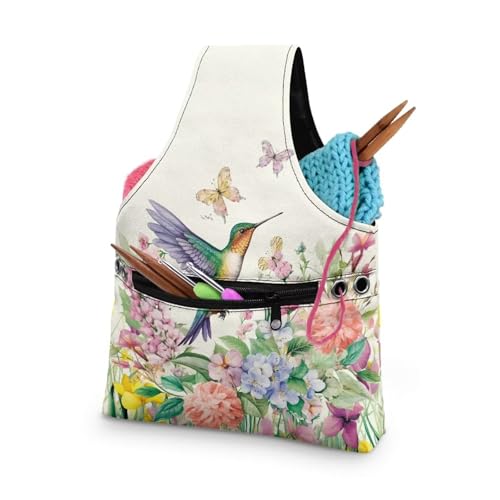 Image of KUIFORTI Hummingbird Knitting Yarn Bag, Flower Crochet Bags for Women Tote Bag for Knitting Needles, Yarns and Unfinshed Project, Crochet Hook Organizer, Small Size