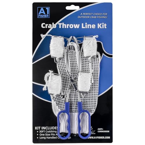 A1FISHER Crabbing Throw Line Kit with Crab Tongs and One Size Fits All Glove, 6-Piece Crabbing Equipment Combo