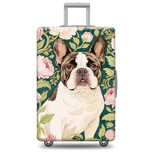 Cute Dog Suitcase Cover Luggage Protector French Bulldog Travel Suitcase Green Leaf and Floral Design Elastic Washable Fit 22-24 Inch Luggage Style 1