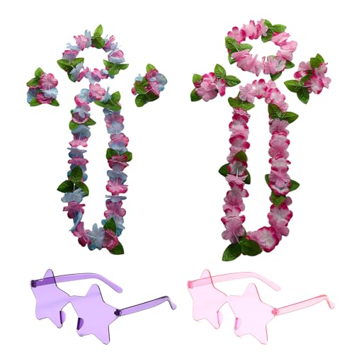 2 Stück Hawaii Kette Blumen, Blumenketten Hawaii, 2 Stück Stirnbänder und 4 Stück Armbänder, 4 Stück Stern Sonnenbrille, für Musikfestivalpartys, Sommer Strandparty Dekorationszubehör