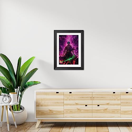Image of TenorArts Zoro Posters One Piece Anime Poster Laminated Photo Frame Painting with Matt Finish Black Textures (12inches x 9inches)