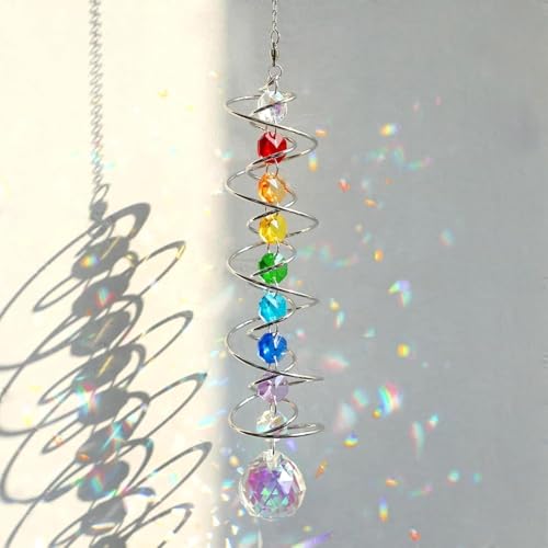 Kristall Sonnenfänger Windspiel, Regenbogen Doppelspirale mit Chakra Perlen Doppelspirale Fenster und Garten Dekoration Innen & Außen Deko für Garten,Balkon,Hochzeit (G)