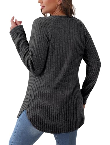 Image of Saloogoe Long Sleeve Shirts for Women 2025 Fall Clothes Tunic Tops Loose Fit Dressy Crewneck Pullover Sweaters Curved Hem