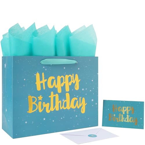 Qirrmiy 13 Large Green Happy Birthday Gift Bag Set with Handles Greeting Card Tissue Papers and Stickers for Women Men Boys Girls Kids Stars Design 1 Pcs.