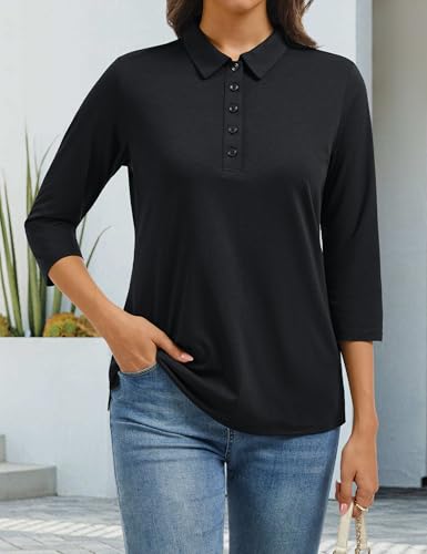 YUCOLEN Women's Polo Shirt 3/4 Sleeve Tops Collared Button Down Golf Tee Casual Work T Shirt4