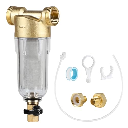 SWAWIS Pre-Filtro De Agua De Sedimentos Giratorio con Adaptadores, 40 Micrones Externas Prefiltro de Agua Filtro de Sedimentos para Agua de Pozo, Reutilizable Prefiltro de Latón(1/2'')
