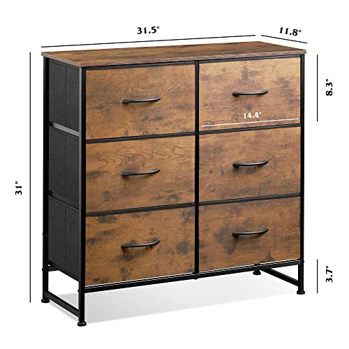 Wlive Fabric Dresser For Bedroom, 6 Drawer Double Dresser, Storage Tower With Fabric Bins, Chest Of Drawers For Closet, Living Room, Hallway, Nursery, Rustic Brown Wood Grain Print #TOP2