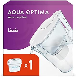 Aqua Optima Liscia Water Filter Jug & 1 x 30 Day Evolve+ Filter Cartridge, 2.5 Litre Capacity, for Reduction of Microplastics, Chlorine, Limescale and Impurities, White