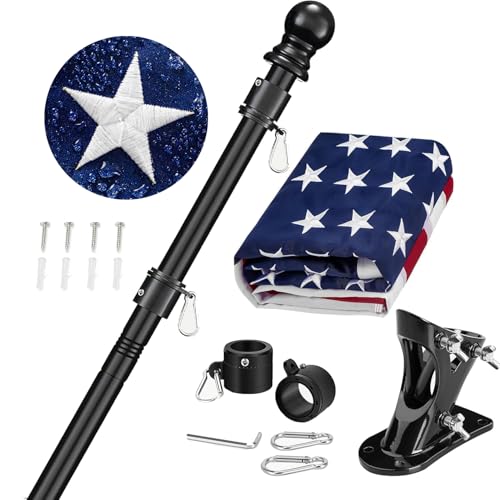 American Flag Pole Kit for House Outside - Black Metal Flagpole 6 FT with Tangle Free Design - 3x5