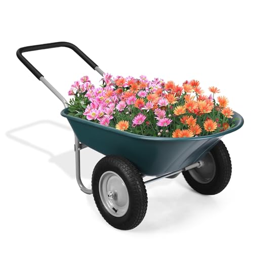 Moccha 2-Tire Wheelbarrow, 330lbs Capacity Garden Wagon w/Two 13” Pneumatic Tires, Heavy Duty Yard Cart, Easy Loading and Dumping Garden Cart for Lawn Construction Sites, Utility Wheel Barrel (Green)
