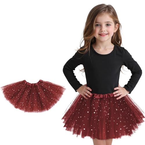 Zando Sparkle Stars Sequins Maroon Tutu Girls Burgundy Dark Red Tutu for Toddler Girls Kids 4 Layers 2-8 Years Halloween Princess Puffy Tulle Elastic Waist Ballet Dance Skirt Birthday Party Affordable