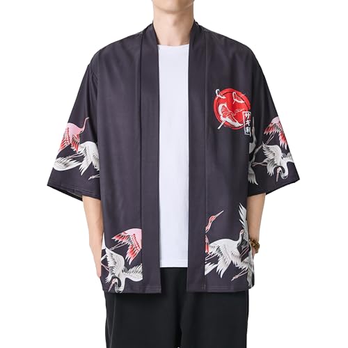 Image of PRIJOUHE Men's Japanese Kimono Cardigan Jackets Casual Long Sleeve Open Front Coat Lightweight Yukata Outwear
