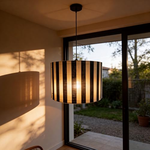 Image of Pendant Lamp Shade, Translucent Bamboo Made, 13.8x9 Inch, Modern Minimalist Style for Living Room, Bedroom (Black Stripe)