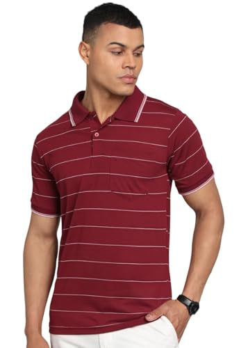 Image of INKKR Men Striped Polo Neck Cotton Blend T-Shirt