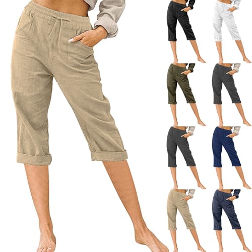 Linen Capris for Women Wide Leg Cropped Pants Casual Drawstring Loose Folded Hem Trousers Lounge Pants with Pockets