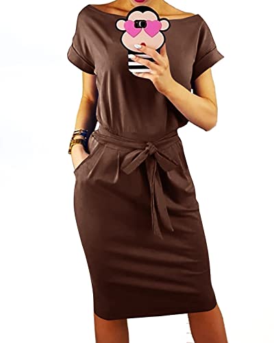 PRETTYGARDEN Women's Summer Short Sleeve Crewneck Striped Dress Basic Solid Tie Waist Office T Shirt Dresses Pockets
