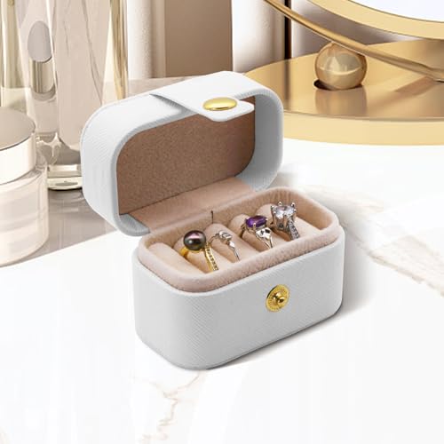 Lindo suporte de anel de viagem, mini caixa de joias de poliuretano de sarja de luxo com 4 compartimentos para anel, brincos, estojo de joias de viagem compacto com botão de pressão para mulheres