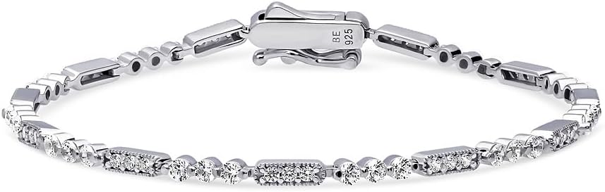 BERRICLE Sterling Silver Vintage Inspired Art Deco Cubic Zirconia CZ Milgrain Chain Bracelet for Women, Rhodium Plated