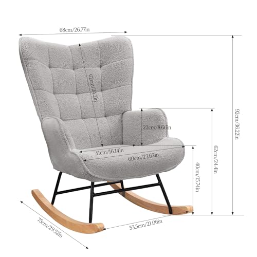 Miniatura 2 de Keepgoon Sillón Mecedora Butaca Sillón Relax Sillón Mecedora Sillón De Salón Sillón Oscilante Sillón De Acento Para Dormitorio, Salón Mecedora De Terciopelo Teddy Con Respaldo A Cuadros Gris Claro