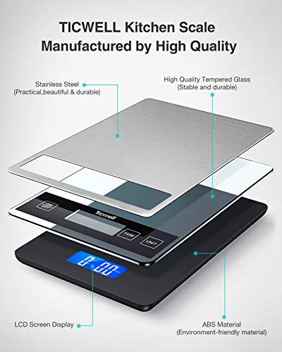 TICWELL Essential Food Scale 33lb Digital Kitchen Scale Weight Grams Oz for Cooking Baking Multifunction FoodScale1g Precise Graduation 5 Units LCD Display Screen Touch,Stainless Steel Tempered Glass - Thumbnail 2