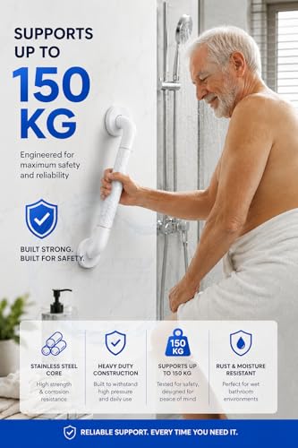 Image of BATH GURU Heavy Duty Grab Bar for Bathroom & Toilet | Anti-Slip ABS Safety Handle for Elderly, Senior Citizens & Disabled with SUS304 Steel Core | Wall Mounted Shower Support Rail (White, 15 Inch)