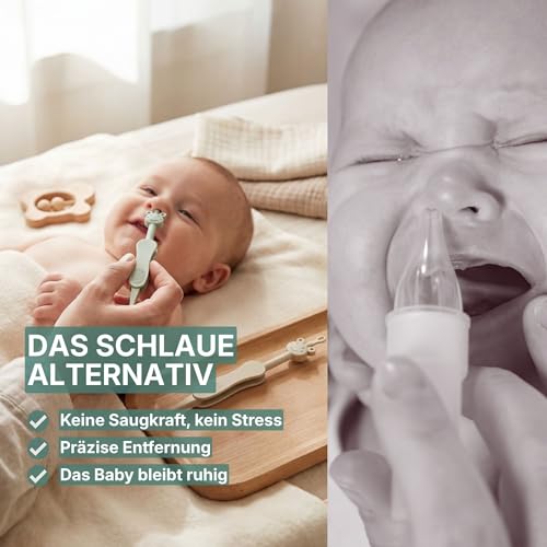 Broemba Baby Nasenreiniger & Ohrenreiniger inkl. Pinzette - 3-in-1 Alternative zu Nasensauger und Nasenbirne - BPA-frei - Grün/Beige