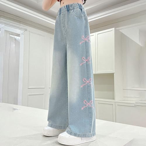 Baggy Bow Jeans Girls Distressed Wide Leg Straight Denim Pants Versatile High Waist Palazzo with Pockets2