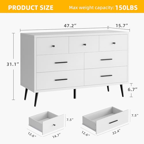 DWVO 7-Drawer Dresser in White Wood with Black Metal Handles, Anti-Tip Safety Feature, Modern Storage Cabinet for Living Room, Hallway, or Entryway