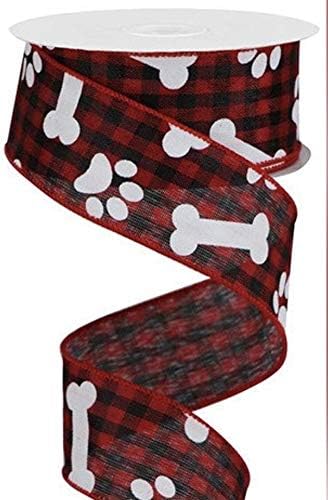 Paw Prints & Bones on Gingham Wired Edge Ribbon, 10 Yards (Red, Black, 1.5 Inch)