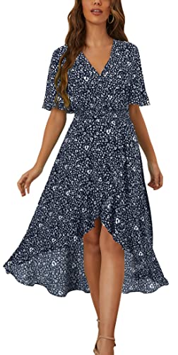 Image of Kormei Womens Short Sleeve Floral Maxi Dress High Low V-Neck Flowy Party Long Dresses S Navy Blue /White Floral