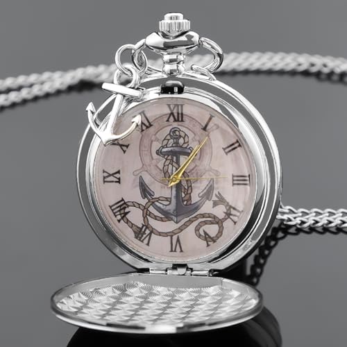 Image of Tiong Pocket Watch Anchor Pattern Design Roman Numerals Quartz with Chain Birthday Gifts